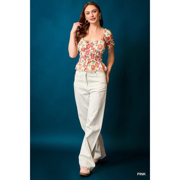 UMGEE Cream Pink Floral Smocked Peplum Short Sleeve Blouse Top NEW - Picture 6 of 7